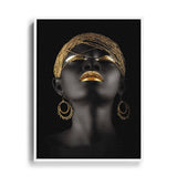 Afrikanische Frau mit meditativer Pose und goldenem Schmuck, Wandbild mit weißem Rahmen