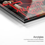 All about Cash – Qualitätsdetail Acrylglas: 6 mm Premium-Aufbau mit massiver Metallplatte, brillante Kontraste und intensive Farbtiefe