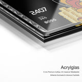 Amex – Qualitätsdetail Acrylglas: 6 mm Premium-Aufbau mit massiver Metallplatte, brillante Kontraste und intensive Farbtiefe