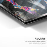 Amy Winehouse Graffiti – Qualitätsdetail Acrylglas: 6 mm Premium-Aufbau mit massiver Metallplatte, brillante Kontraste und intensive Farbtiefe
