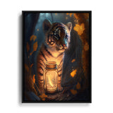 Babytiger im Wald mit leuchtender Laterne und Herbstlättern