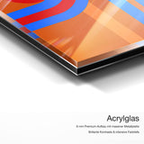 Bauhaus Orange BG – Qualitätsdetail Acrylglas: 6 mm Premium-Aufbau mit massiver Metallplatte, brillante Kontraste und intensive Farbtiefe