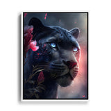 Schwarzer Panther mit blauen Augen im Portait, um das Tier sind rosa Blumen mit Blüten die durch die Luft fliegen