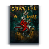 Bugs Bunny als Boss im Porsche im Pop-Art-Stil – Bugs Boss Porsche Wandbild auf Leinwand