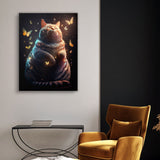 Dicke Katze mit vielen Schmetterlingen um sich auf, einem Schwarzen Hintergrund