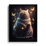 Dicke Katze mit vielen Schmetterlingen um sich auf, einem Schwarzen Hintergrund