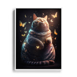 Dicke Katze mit vielen Schmetterlingen um sich auf, einem Schwarzen Hintergrund