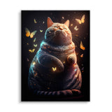 Dicke Katze mit vielen Schmetterlingen um sich auf, einem Schwarzen Hintergrund