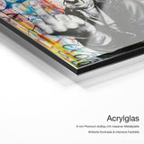 Chaplin Art – Qualitätsdetail Acrylglas: 6 mm Premium-Aufbau mit massiver Metallplatte, brillante Kontraste und intensive Farbtiefe