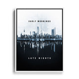 Leinwand mit weißem Rahmen früh aufstehen lange nächte