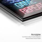 Eat Sleep Game Repeat – Acrylglas Qualitätsdetail mit 6 mm Premium-Aufbau, massiver Metallplatte und intensiver Farbtiefe