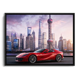 Ferrari vor Shanghai Skyline Leinwandbild mit schwarzem Bilderrahmen