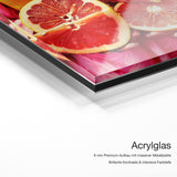 Fresh Grapefruits – Acrylglas Qualitätsdetail mit 6 mm Premium-Aufbau, massiver Metallplatte und intensiver Farbtiefe