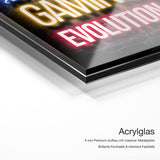 Gaming Evolution – Acrylglas Qualitätsdetail mit 6 mm Premium-Aufbau, massiver Metallplatte und intensiver Farbtiefe