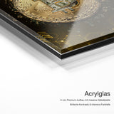Gold Bitcoin – Acrylglas Qualitätsdetail mit 6 mm Premium-Aufbau, massiver Metallplatte und intensiver Farbtiefe