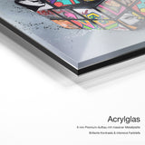 Graffiti Cube – Acrylglas Qualitätsdetail mit 6 mm Premium-Aufbau, massiver Metallplatte und intensiver Farbtiefe