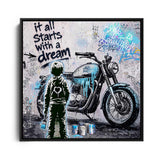 It all starts with a Dream Motorbike – Leinwand mit schwarzem Bilderrahmen