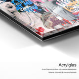 Love is now – Acrylglas Qualitätsdetail mit 6 mm Premium-Aufbau, massiver Metallplatte und intensiver Farbtiefe