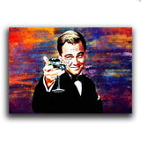 Leonardo DiCaprio hebt das Champagnerglas als Wolf of Wall Street – Cheers Leo Wandbild auf Leinwand
