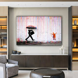 Wandbild Kind tanzt im regen und Anzugträger mit Regenschirm