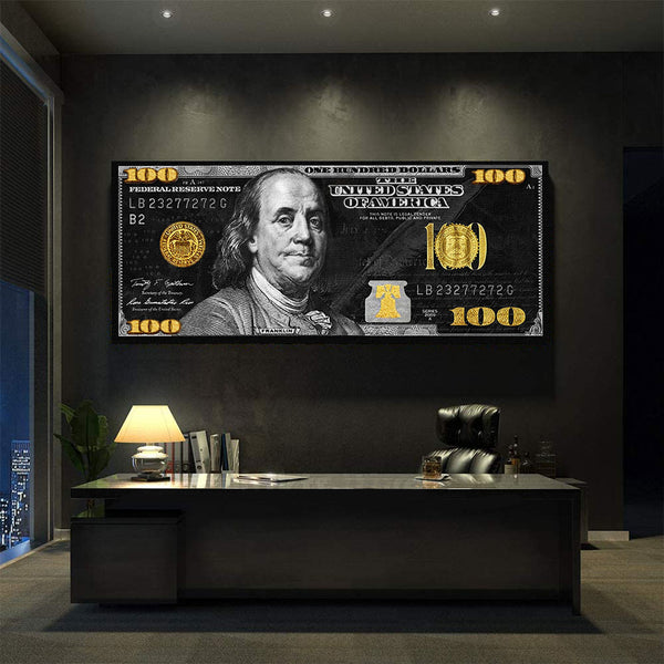 schwarz goldener 100 Dollar Schein als Wandbild im Büro