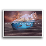 Flaschenpost Bild mit Segelschiff und Haien