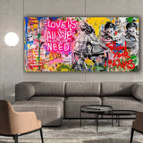 Farbenfrohes Wandbild von Banksy im Streetart Style und mit Neon Schrift Love is all we need
