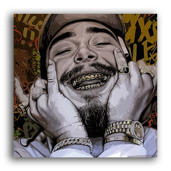 Leinwand mit US Rapper Post Malone lacht und zeigt seine Goldzähne, Goldschmuck und Golduhr