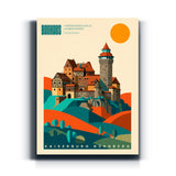 Bauhaus-Wandbild Kaiserburg Nürnberg im geometrischen Reiseplakat-Stil auf Leinwand