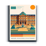 Bauhaus-Wandbild Neues Schloss Stuttgart im geometrischen Reiseplakat-Stil auf Leinwand