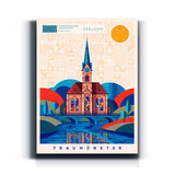 Bauhaus-Wandbild Fraumünster Zürich im geometrischen Reiseplakat-Stil auf Leinwand