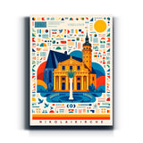 Bauhaus-Wandbild Nikolaikirche Leipzig im geometrischen Reiseplakat-Stil auf Leinwand
