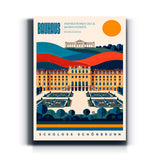 Bauhaus-Wandbild Schloss Schönbrunn Wien im geometrischen Reiseplakat-Stil auf Leinwand