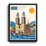 Bauhaus Wandbild Grossmünster Zürich auf Leinwand mit mattschwarzem Rahmen