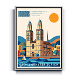 Bauhaus Wandbild Grossmünster Zürich auf Leinwand mit weißem Rahmen