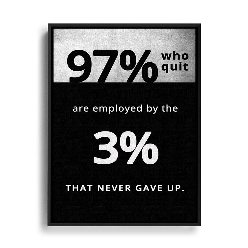 Leinwand mit schwarzem Rahmen und Motivationstext 97% die aufgeben, arbeiten für die 3% die niemals aufgeben