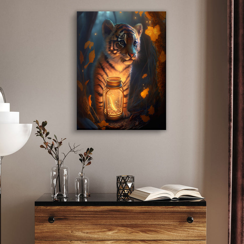 Junger Tiger im Wald mit Herbstblättern Wandbild im Wohnzimmer