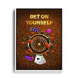 Wandbild mit weißem Rahmen von Roulette, Poker und Spielwürfel