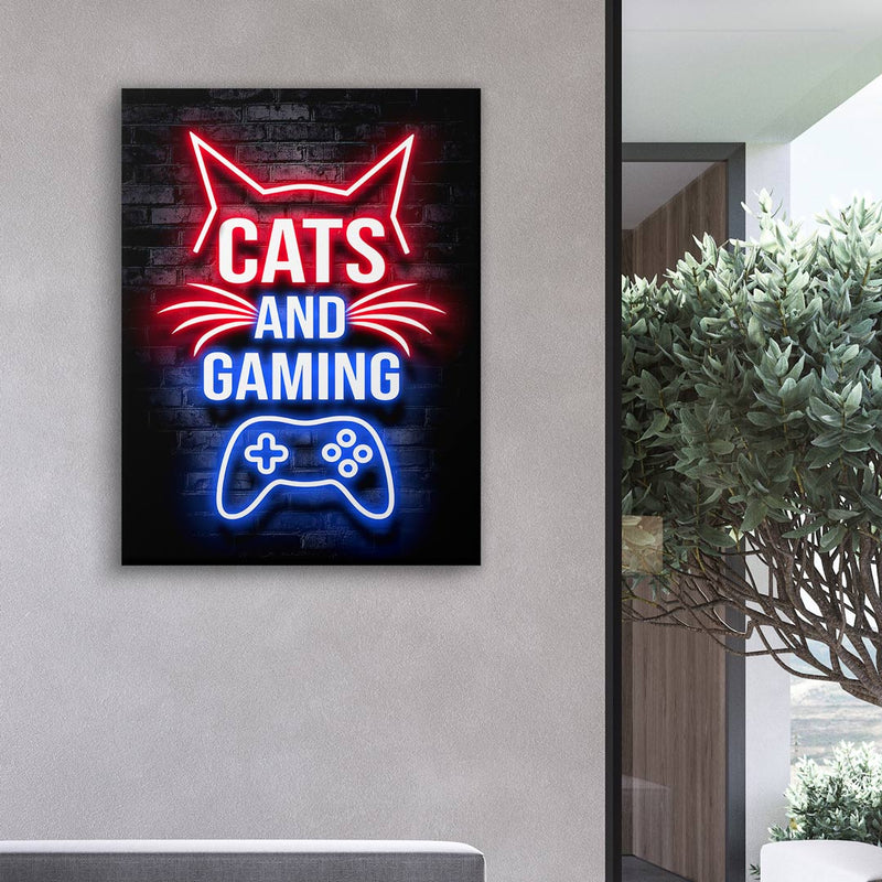 Gaming Wandbild Rot Blau mit Controller und Katzenohren neben einem Fenster