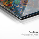Colorful Peacock – Qualitätsdetail Acrylglas: 6 mm Premium-Aufbau mit massiver Metallplatte, brillante Kontraste und intensive Farbtiefe