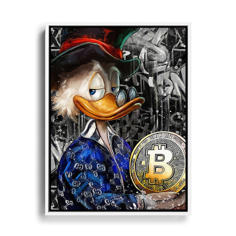 Donald Duck mit Bitcoin und Gucci Bademantel