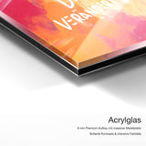 Dein Lächeln verändert Räume – Acrylglas Qualitätsdetail mit 6 mm Premium-Aufbau, massiver Metallplatte und intensiver Farbtiefe