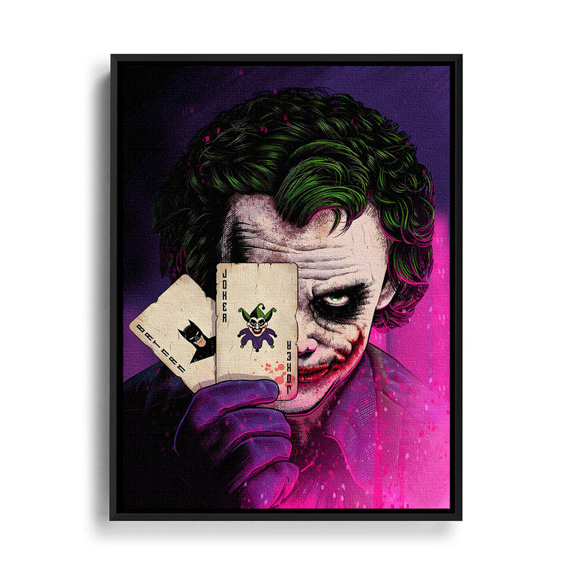 The Joker hält Joker und Batman Spielkarten in der Hand Wandbild mit Bilderrahmen