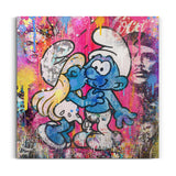 Schlumpfine und Schlumpf vor bunter Graffiti-Wand – Die Schlümpfe Pop-Art-Wandbild auf Leinwand