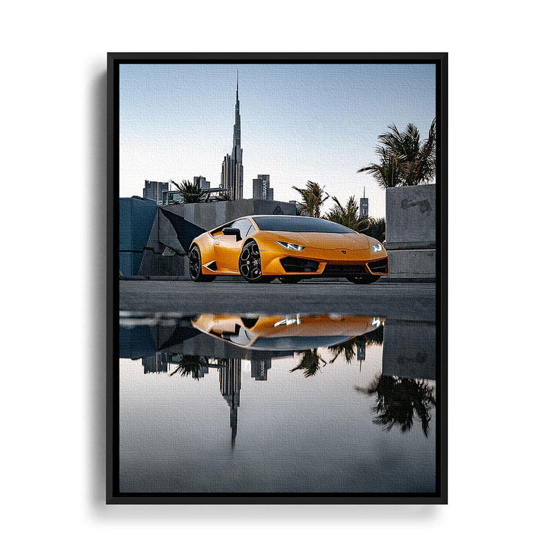 Wandbild mit schwarzem Rahmen von einem orange Lamborghini Aventador