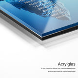 Eisberg des Erfolgs – Acrylglas Qualitätsdetail mit 6 mm Premium-Aufbau, massiver Metallplatte und intensiver Farbtiefe