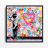Banksy Motiv mit vielen Bunten Herzen und einem kleinen Kind