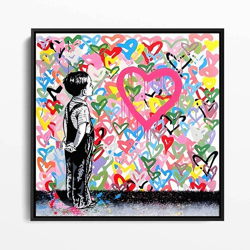 Banksy Motiv mit vielen Bunten Herzen und einem kleinen Kind