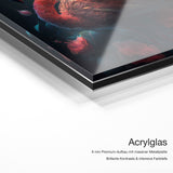 Flamingo Flowers – Acrylglas Qualitätsdetail mit 6 mm Premium-Aufbau, massiver Metallplatte und intensiver Farbtiefe