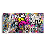 Pop-Art-Collage mit Berliner Skyline und Schriftzug „Follow Your Dreams“ – Wandbild auf Leinwand